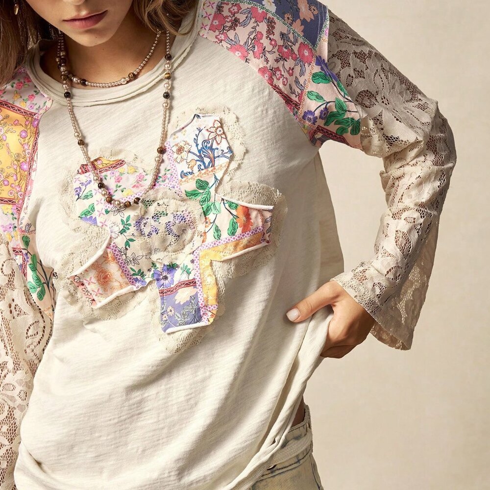 Apricot Boho Casual Women's Knit Contrast Lace Floral T-Shirt - Picture 3 of 9